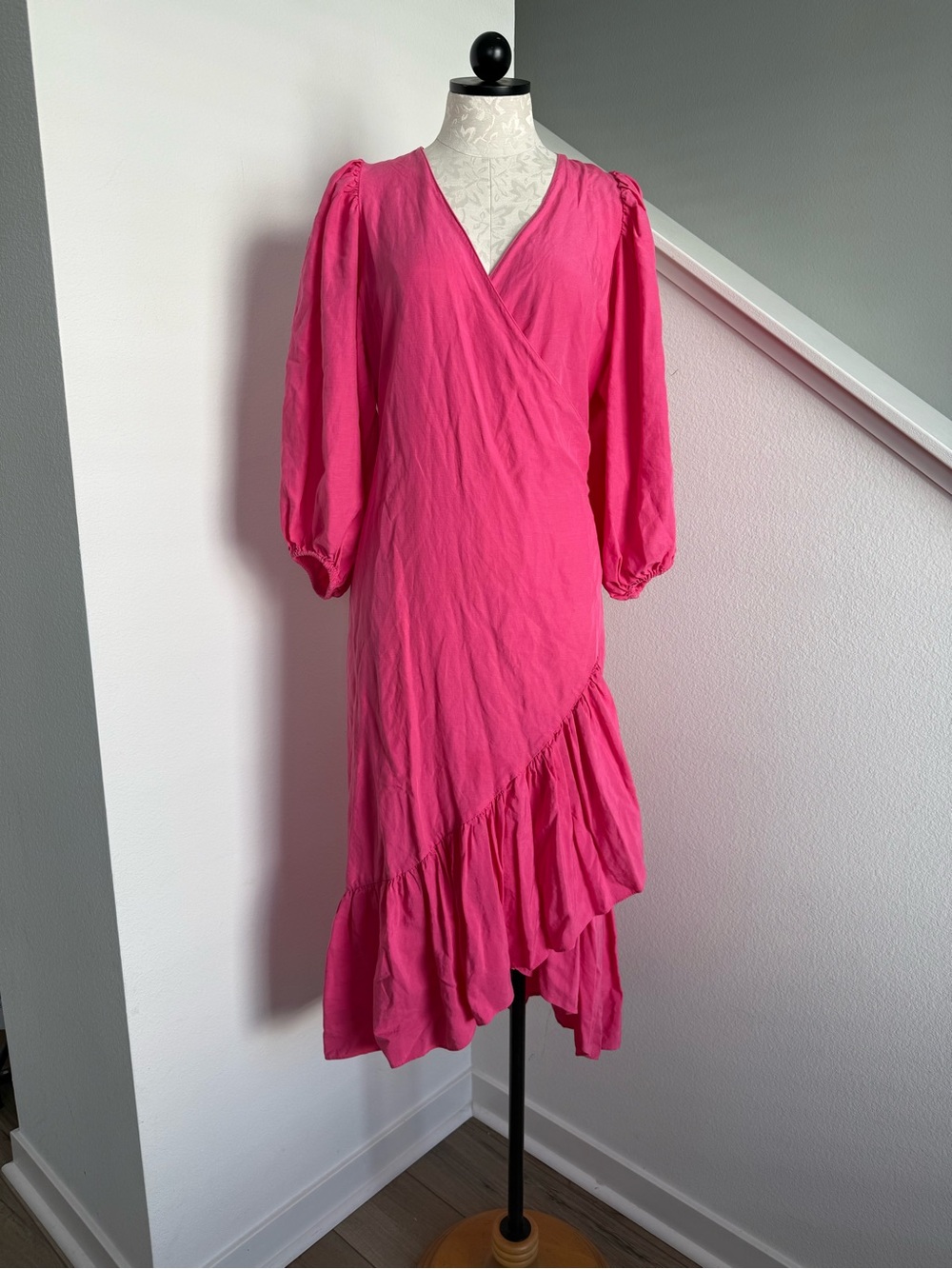 Kobi Halperin Pink Linen Blend Ruffle Lea Wrap Dress Size Large